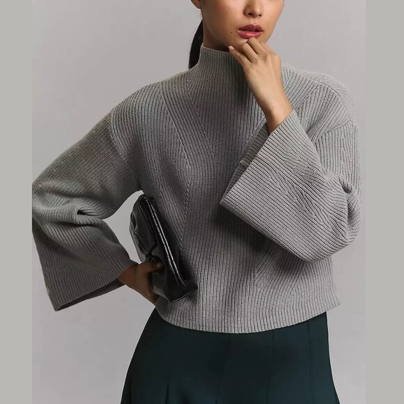 Anthropologie Maeve The Katey Mock-Neck Bell-Sleeve Sweater Grey M - Picture 1 of 9